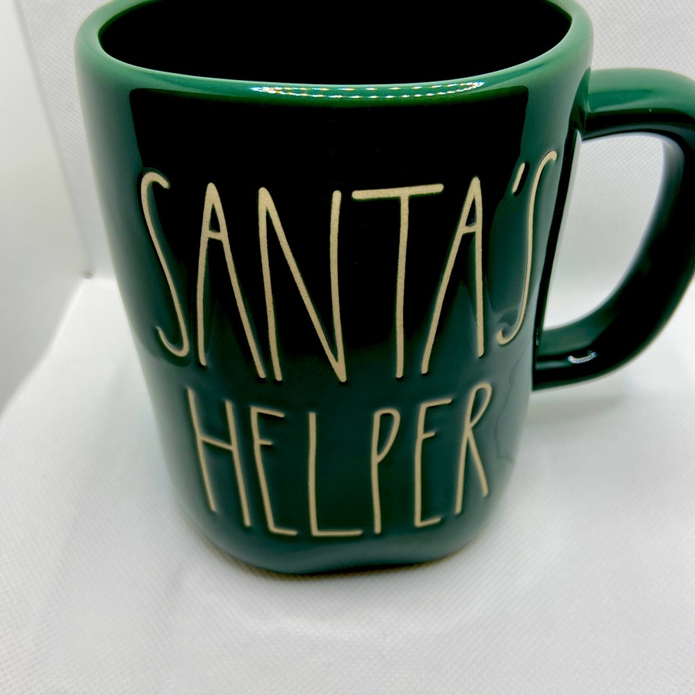 Rae Dunn Santa’s Helper Mug in Green with Cream Letters, NWOT